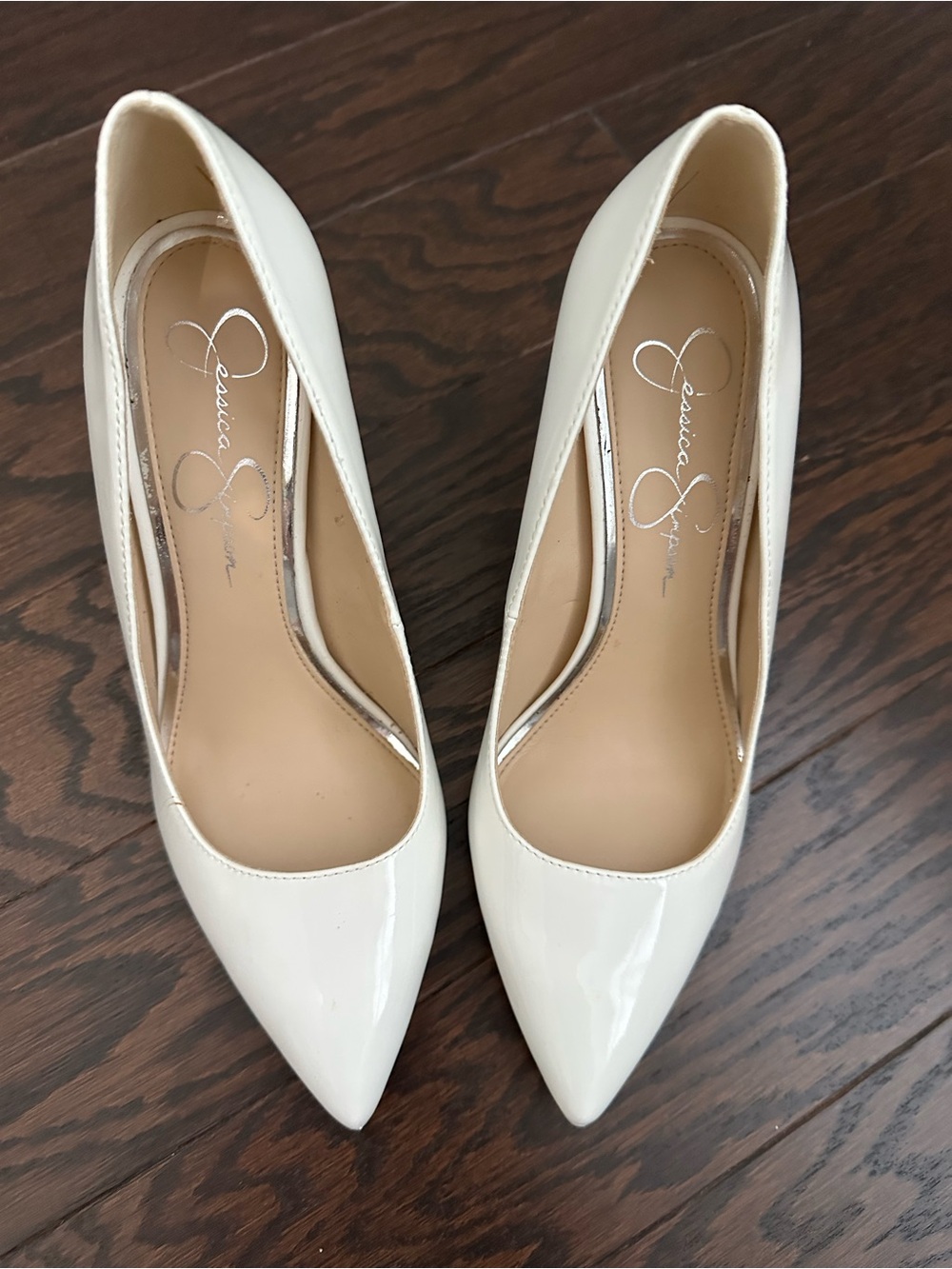 Jessica Simpson Cream Patent Pointed-Toe Pumps